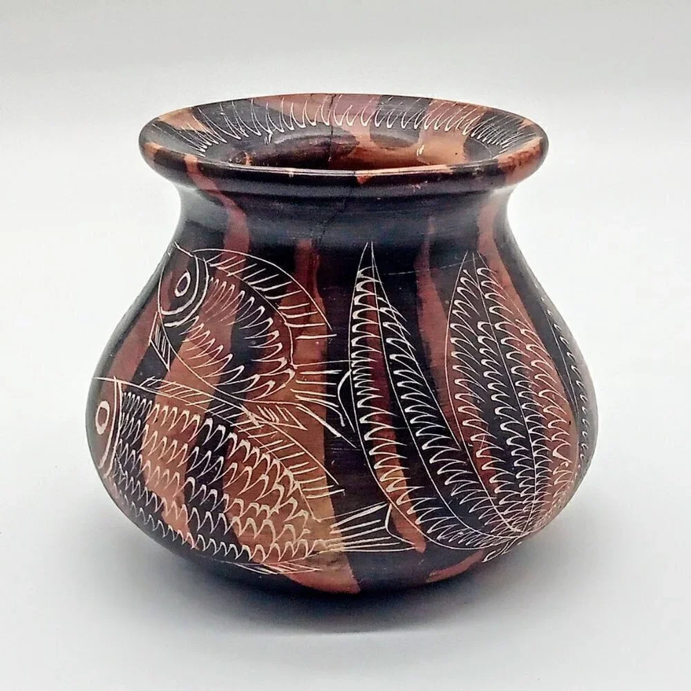Hand-Carved Fish Brown Tan Clay Vase